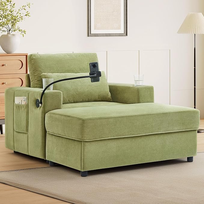 42.5 Oversized Armchair with Ottoman Storage Overstuffed Chair and a Half with Cup Holders &amp USB Port Chenille Accent Chairs for Bedroom Living Room Reading Phone Holder Side Pocket (Green)