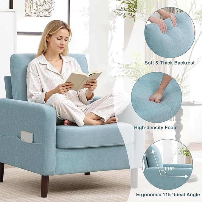 Accent Chair for Living Room Modern Reading Chair for Bedroom Upholstered Armchair with Wood Legs and Side Pockets Single Sofa Side Chair for Office Small Room Apartment Teal Green