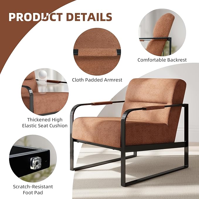 Mid-Century Modern Accent Chair Upholstered Lounge Armchair with Pocket Coil Cushion Metal Frame Reading Chair Brown