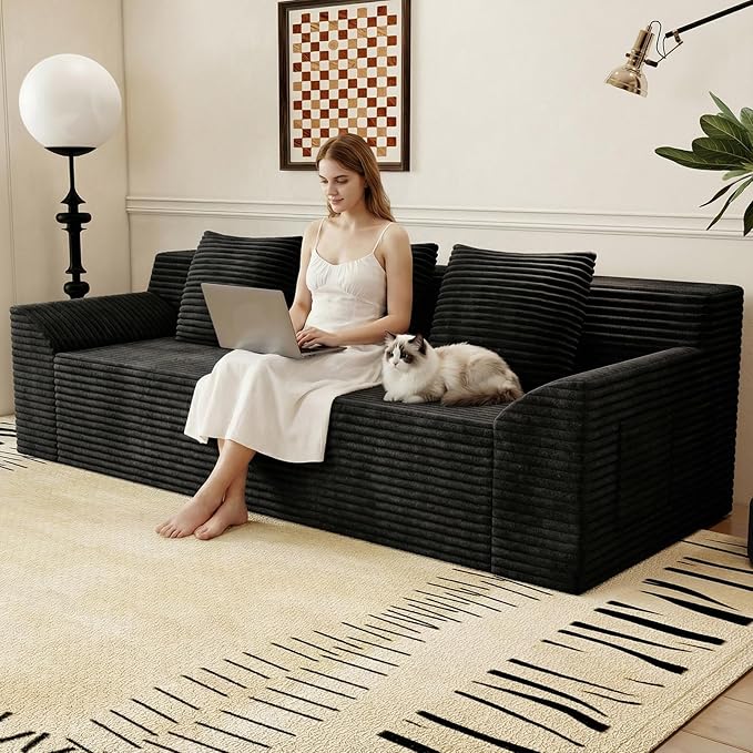 71 Love Seat Couches Corduroy Boneless Loveseat with Deep Seats 2 Seat Couch Apartment Size Couch with 3 Pillows&ampSide Pockets for Bedroom Office No Assembly Required Black