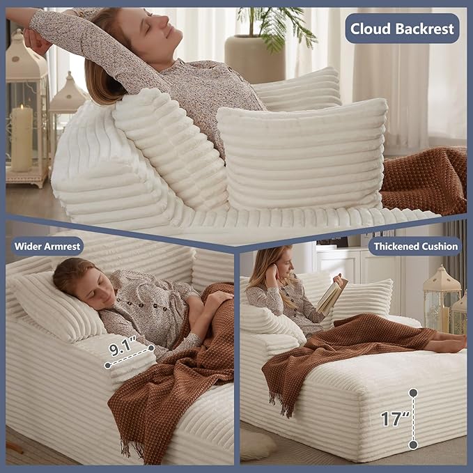 49.2 Oversized Chaise Lounge Chair Deep Seat Upholstered Cozy Cloud Couch Modern Corduroy Floor Sleeper Sofa Bed Reading Chair for Living Room Bedroom Apartment Office Indoor White