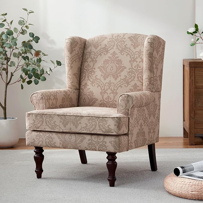 HUIMO Printed Wingback Accent Chair Linen Upholstered High Back Armchair Comfy Reading Chair for Living Room Bedroom Study 300lbs Weight Capacity (1 Brown Floral)
