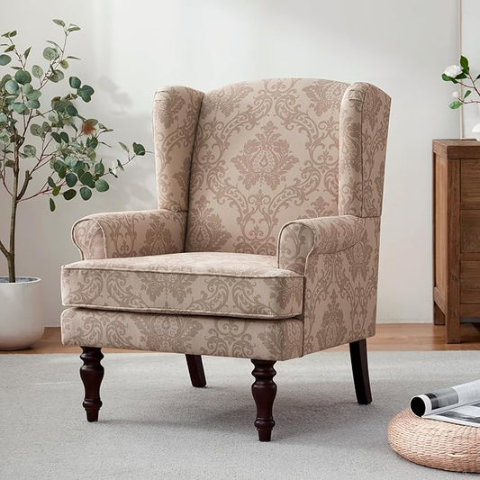 HUIMO Printed Wingback Accent Chair Linen Upholstered High Back Armchair Comfy Reading Chair for Living Room Bedroom Study 300lbs Weight Capacity (1 Brown Floral)