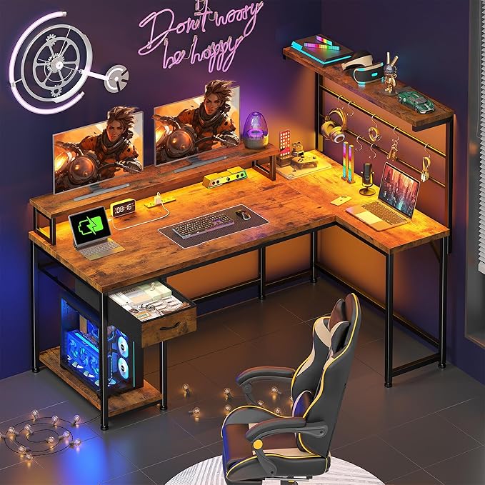 EnHomee 53 Inch Computer Desk with Power OutletGaming Desk with LED LightReversible Office Desk with Hutch &amp Monitor Stand L Shaped Corner Desk with Drawers &amp HooksHome Office Writing Desk