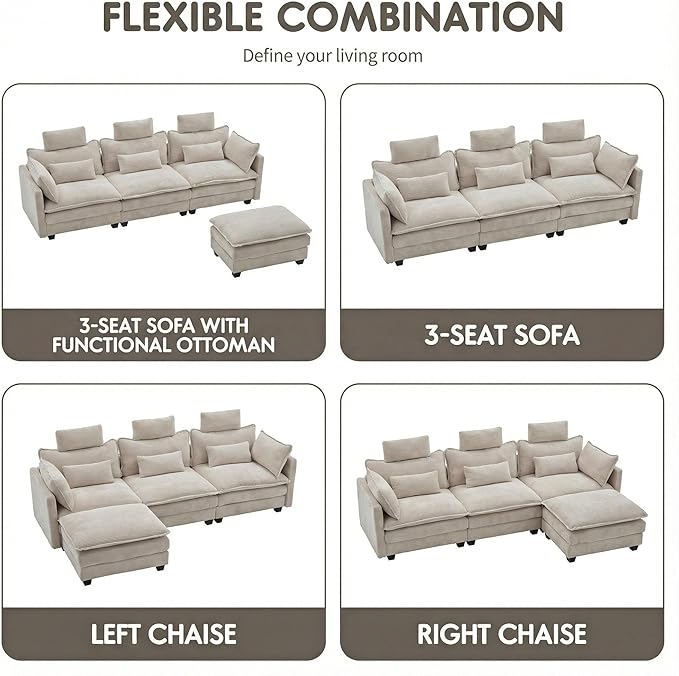 FUFU&ampGAGA 112” L Shaped Sectional Couch with Ottoman for Living Room Corduroy Cloud Sofa with Headrest &amp Pillows Modern Deep Seat Sofa Couch Assembly Required Beige 112.2”W x 50.8”D x 41.