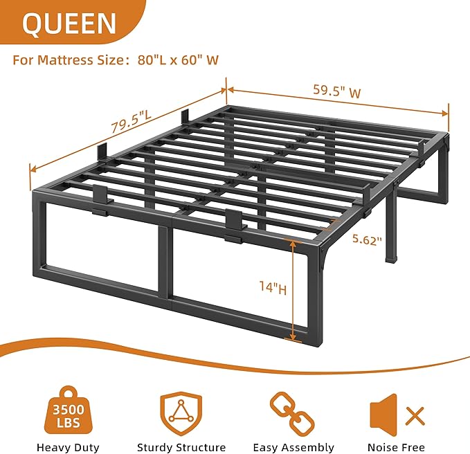 Queen Bed Frame 14 Inch Metal Platform Bed Frames with Squeak Free U-Slot Design 6 Non-Slip Guards 3500lbs Heavy Duty Steel Slat Support No Box Spring Needed Under Bed Storage Black