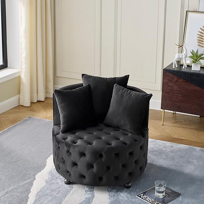 GDFStudio Velvet Swivel Accent Chair with Button Tufted Back Caster Wheels and 3 Matching Pillows Modern Upholstered Armchair for Living Room Home OfficeBlack