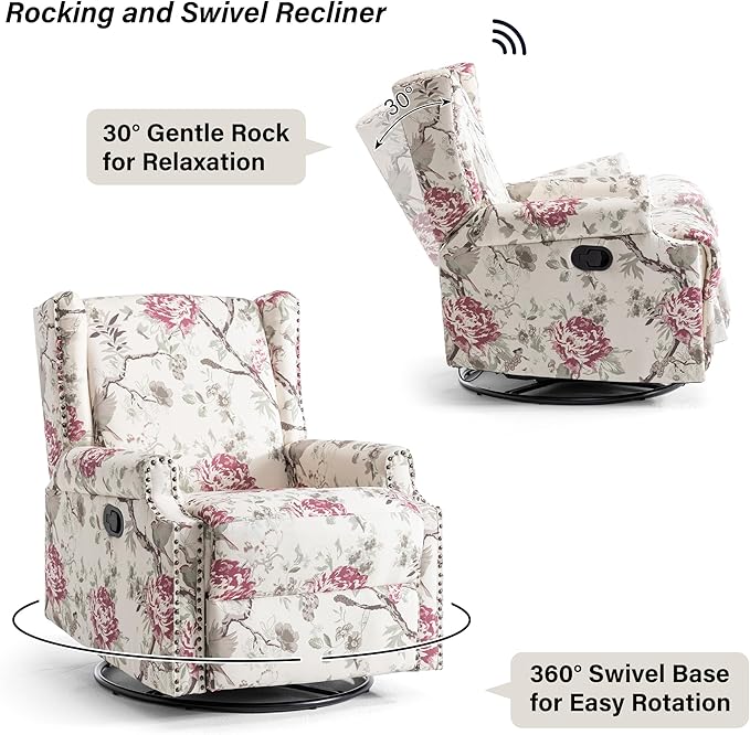 Swivel Rocker Recliner Chair Manual Nursery Glider Recliner Floral Fabric Wingback Accent Chair with Adjustable Backrest &amp Footrest for Small Spaces Living Room Bedroom (Plants Floral Set of 2)