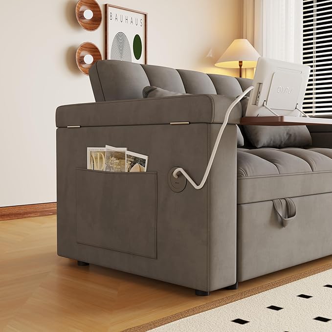Convertible Sofa Bed 5-in-1 Pull Out Couch with Side Table Loveseat Sleeper Sofas Bed Couch with USB Port 65‘’ Velvet Pull Out Sofa Beds for Living Room Bedroom Apartment