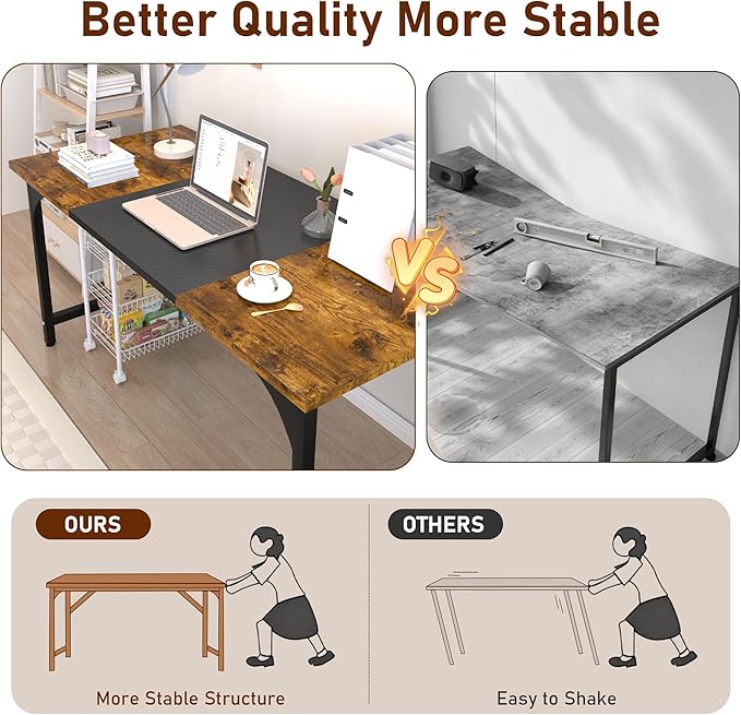 StarGraph Modern Computer Desk 55 Inch Large Office Desk with Carbon Fiber Desktop Home Office Desks with Sturdy Metal Frame Gaming Study Writing Work from Home Desks Rustic Brown
