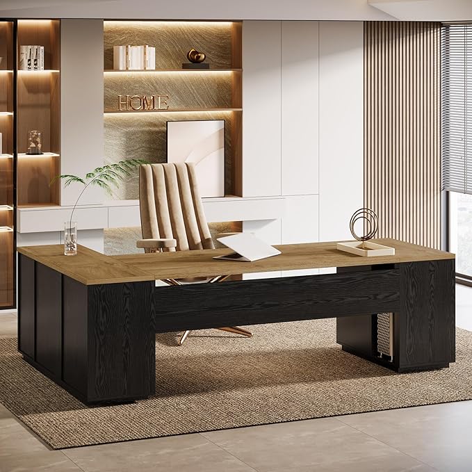 Tribesigns 85.8-Inch L-Shaped Executive Office Desk with File Drawers &amp Storage Cabinet Professional Corner Computer Desk Extra Large Business Workstation with Adjustable Shelves (Light Brown&amp