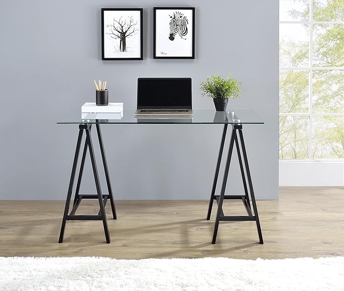 OSP Home Furnishings Middleton 47 Inch Desk with Clear Beveled Glass Top Black Base