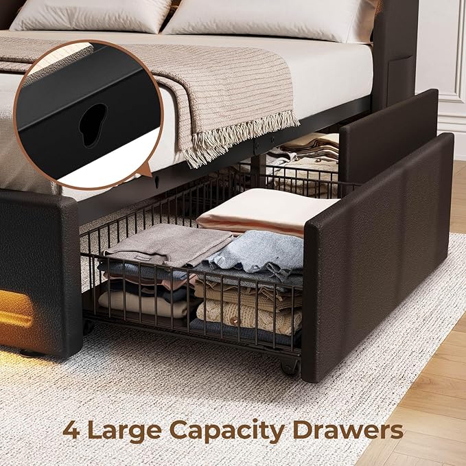 Rolanstar Queen Bed Frame with LED Lights and Charging Station PU Leather Bed with Drawers Wooden Slats Noise Free Easy Assembly Black