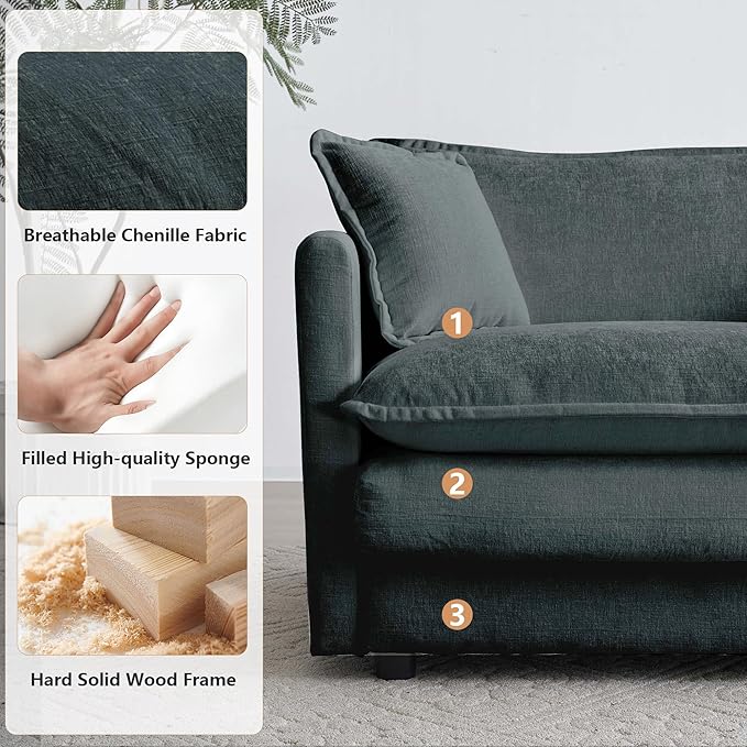 mikibama Luxury Loveseat Sofa Couch 76 Modern Chenille Deep 2-Seater Cloud Couch with 2 Armrest Pillows and 2 Toss Pillows Love Seat for Living Room Bedroom Office Apartment Grey