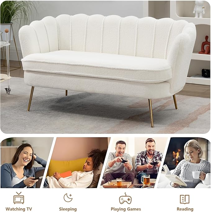 59 Small Loveseat Sofa 2-Seater Modern Chenille Couch with Gold Metal Legs &amp Floral Backrest Compact Apartment Sofa for Living Room Bedroom Office Dorm (Boucle Ivory)