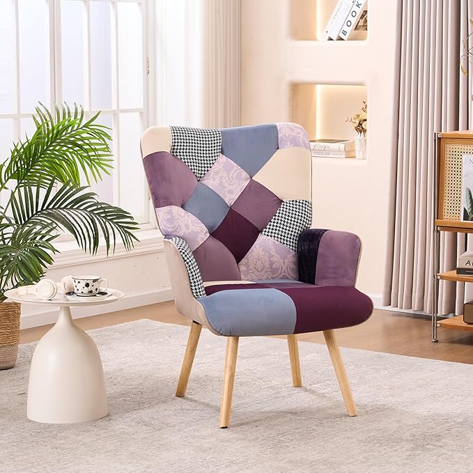 Joysoul Living Room Accent Chair Modern High Back Arm Chair Houndstooth Pattern Bohemian Style Chairs for Bedroom Waiting Room (Purple Plaid)