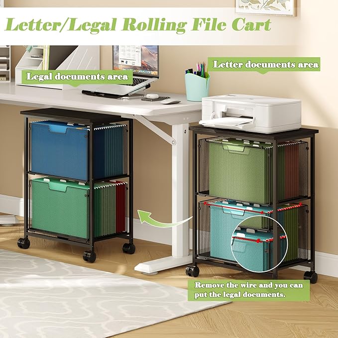 Letter/Legal Rolling File Cart with 2 Storage Drawers Under Desk Storage Vertical Filing Cabinet for Home Office Hanging File Folders Organizer Mobile Utility Cart Printer Stand Black