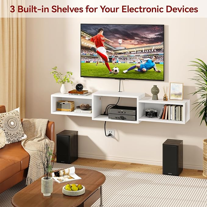 IBUYKE Floating TV Stand Wall Mounted with Power OutletModern Wood Wall Mounted Media Console ShelfFloating Entertainment Center for Under TV Storage for Living Room Bedroom OfficeWhite WST001W