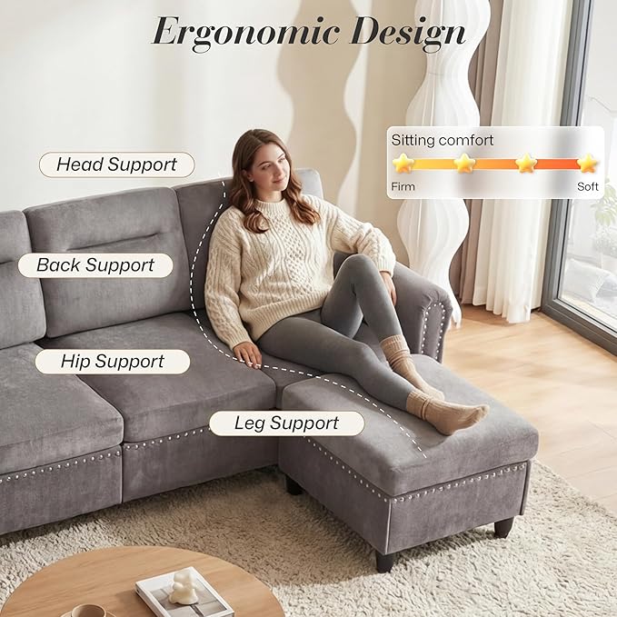 ABET 106 Inch Modular L-Shaped Sectional Couch with Ottoman 4 Deep Seat Convertible Sofa with Ottoman Nailhead Decor Comfy Upholstered Large Cushion for Living Room Bedroom Apartment Grey
