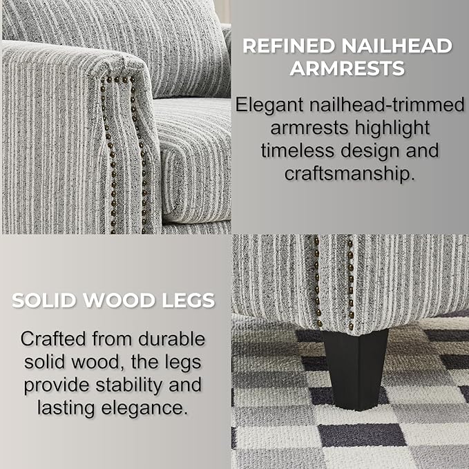 Stripes Accent Chair Modern Upholstered Boucle Fabric Armchair Single Sofa with Wood Legs for Living Room Patio Grey Stripes.