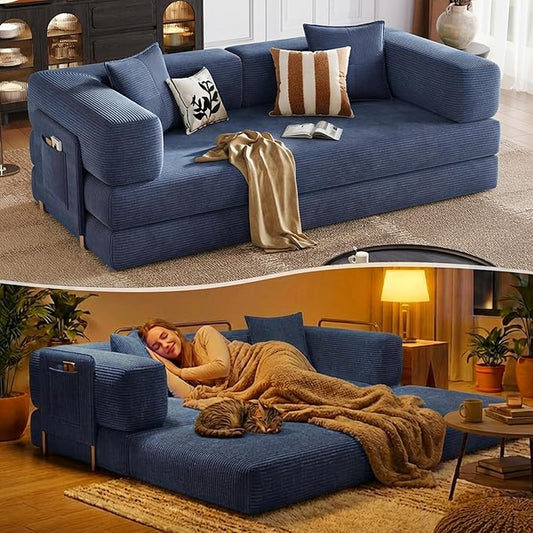 78.8 Boneless Sleeper Sofa BedConvertible Futon Couch with Storage Pocket and 2 PillowsModular Corduroy Sofa for livingroomSmall speaceBlue