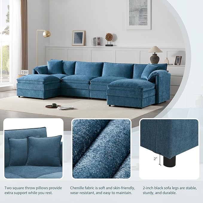 136 Chenille U-Shaped Modular Sectional Sofa with Deep and Wide SeatCloud Couch Set with Double Cushions6 Seat Sofa with Movable Ottomanfor Living Room Apartment Office (Blue#h)