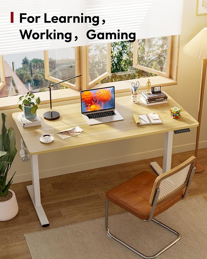 SANODESK Electric Standing Desk 48 x 30 Inches Whole-Piece Desktop Height Adjustable Stand Up Desk w/6-Button Controller Ergonomic Computer Desk for Home Office White Frame + Natural Tabletop