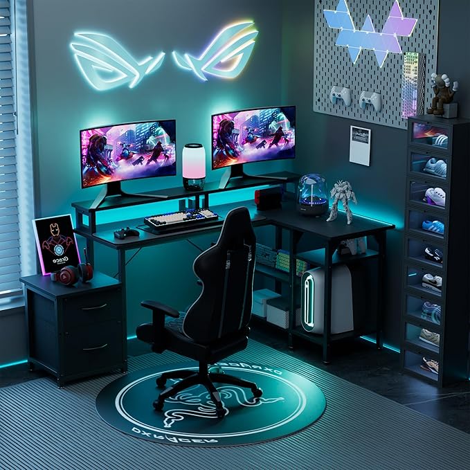 Home Office Desk with Power Outlet 67'' L Shaped Reversible Gaming Desk Corner Computer Desks with File Drawers Black