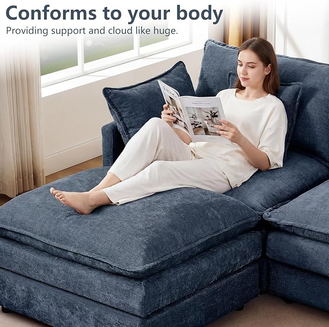 GNIXUU 102 Modular Sectional Sofa L Shaped Cloud Couch with Movable Ottoman &amp 4 Pillows Deep Seat Chenille 4 Seater Sectional Couches for Living Room Apartment (Blue)