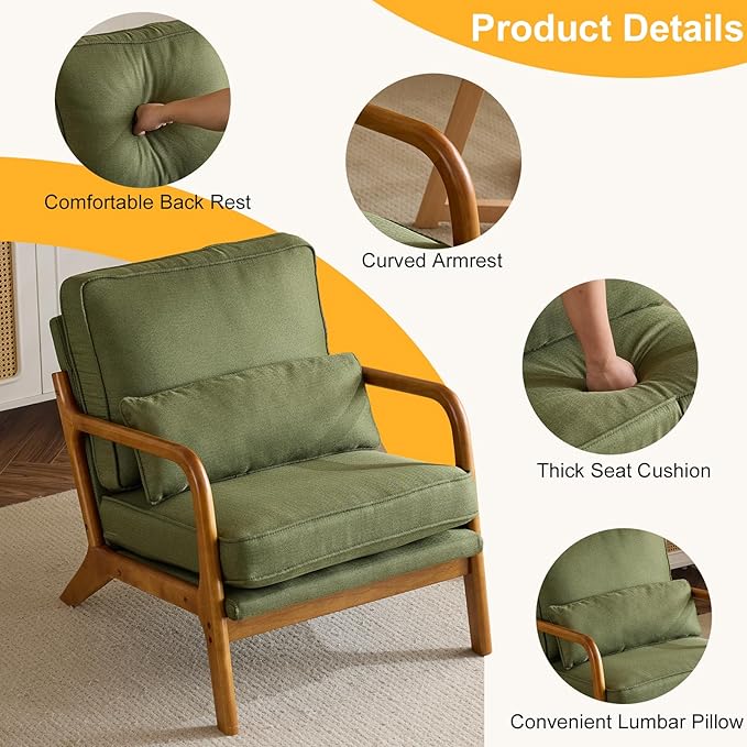 Karl home Accent Chair Mid-Century Modern Chair with Pillow Linen Fabric Upholstered Lounge Arm Chair with Solid Wood Frame &amp Soft Cushion for Living Room Bedroom Balcony Green