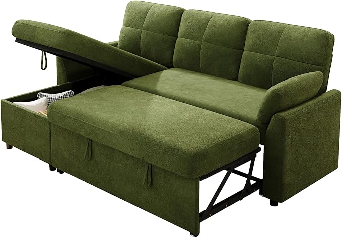 Jocisland Sofa Bed Sleeper Sofa with Storage Chaise Convertible Couch Bed with Pull Out l Shaped Couch for Living Room Linen Geen