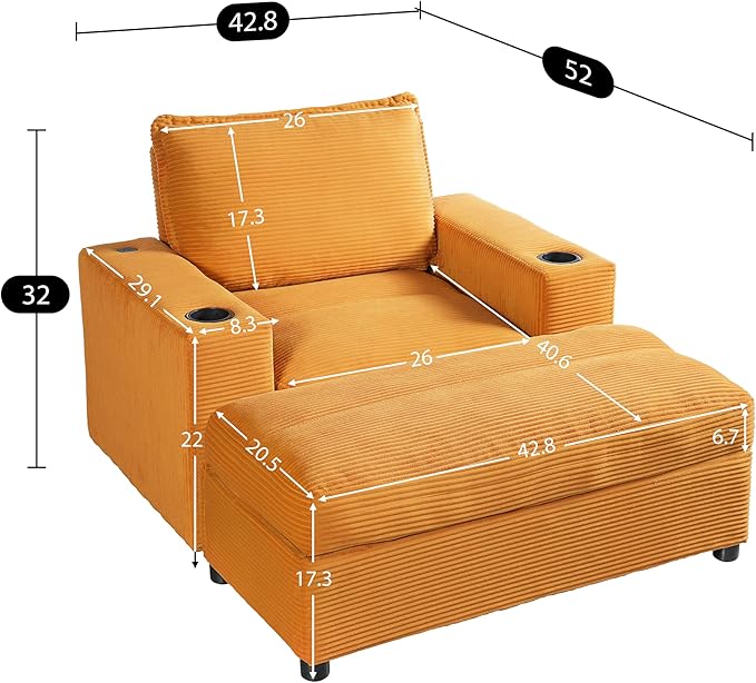 42.8 Oversized Chaise Lounge Chair with Storage Ottoman Corduroy Sofa Bed with Cup Holders &amp USB Charging Port Upholstered Sleeper Chair for Living Room BedroomYellow