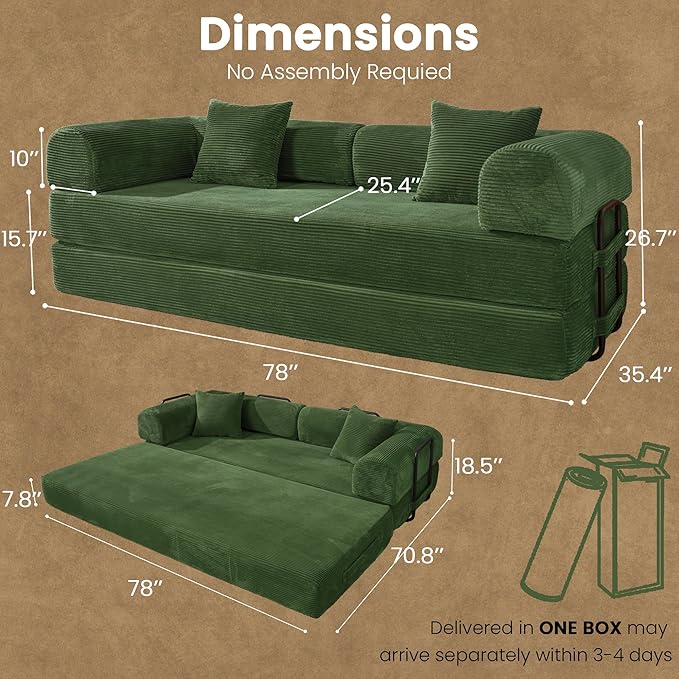 79 Convertible Sofa Bed Boneless Corduroy Sleeper Foldable Modular Couch Memory Foam Compressed Sofa in A Box Folding Mattress Floor Couch for Small Space Living Room Apartment Bedroom Green