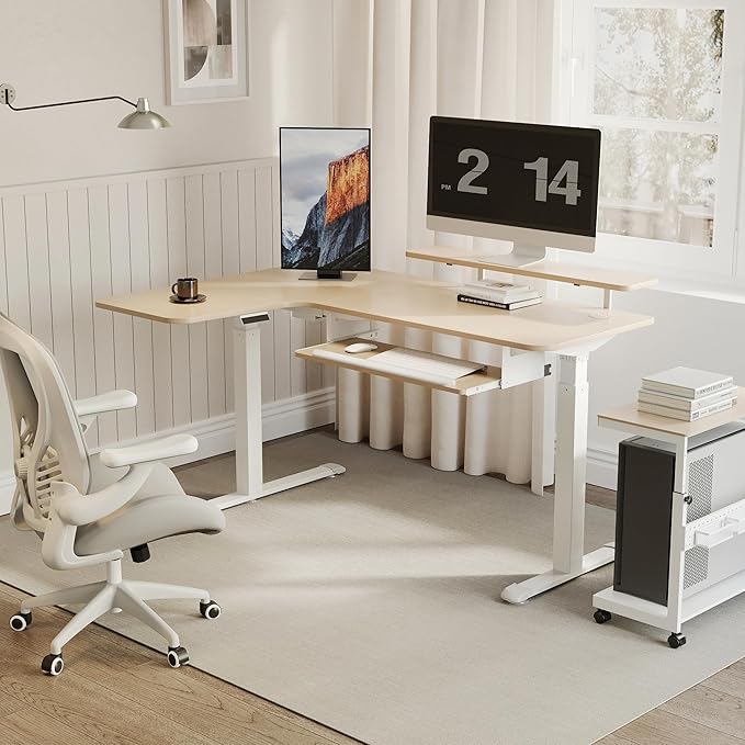EUREKA ERGONOMIC 55 Inch L Shaped Electric Standing Desk Height Adjustable Computer Gaming Desk with Keyboard Tray Mouse Pad Home Office Work Maple Wood Left Side