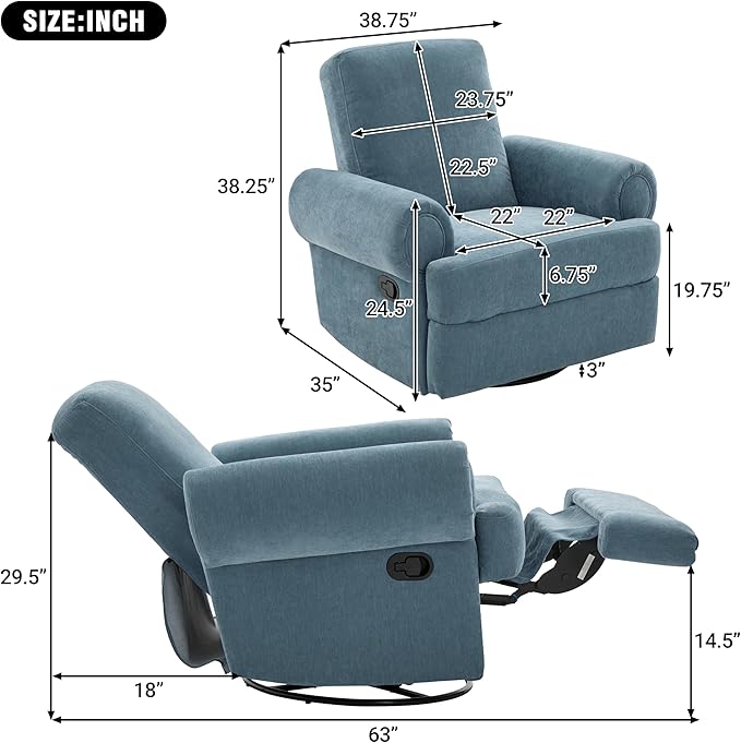 Christopher Knight Home Besty Chenille Upholstered Swivel Recliner Chair Wooden Swivel Accent Chair with Adjustable Backrest Super Comfort Rocker Recliner Sofa for Living Room/Bedroom Sky Blue