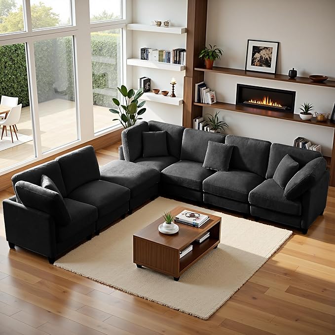 121'' 7-Seater Modular Sectional Upholstered Couches Chenille Cloud Couch with Movable OttomanL/U-Shape Modern Sofa for Living RoomBlack