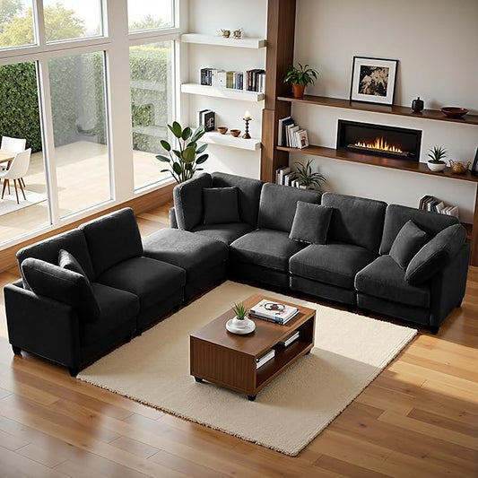 121'' 7-Seater Modular Sectional Upholstered Couches Chenille Cloud Couch with Movable OttomanL/U-Shape Modern Sofa for Living RoomBlack
