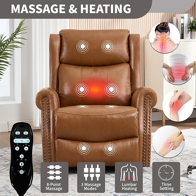 360° Swivel Glider Chair for Nursery Wingback Genuine Leather Rocking Recliner with Lumbar Heat &amp Massage 8-Point Vibration Massage for Living Room Bedroom