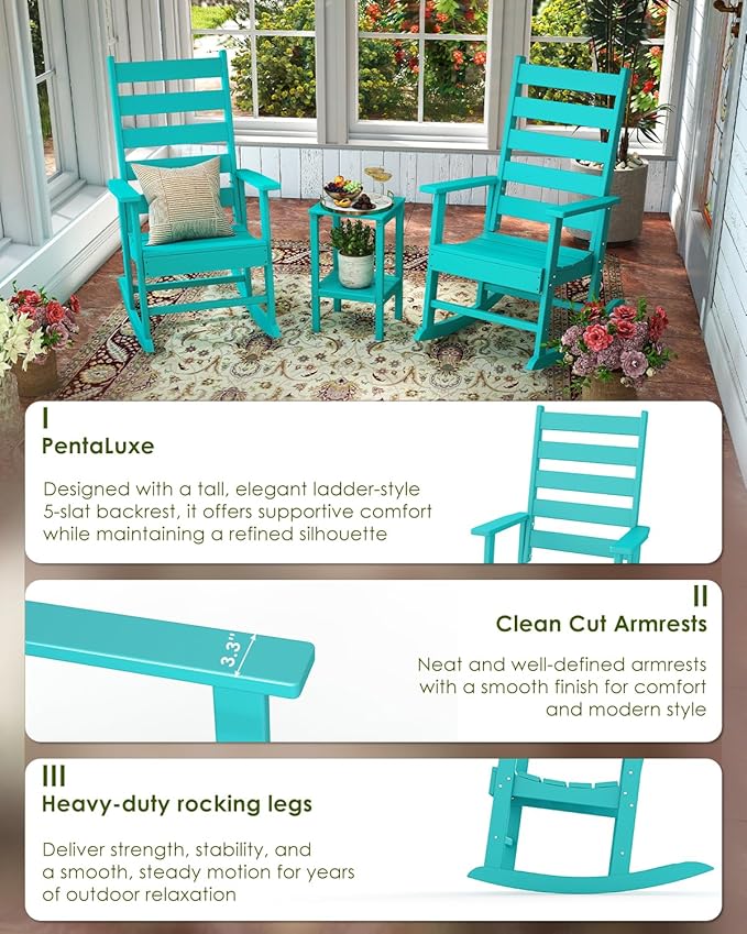 GREENVINES Outdoor-Rocking-Chair | HDPE Plastic | Patio Rockers | Porch Rocker Chairs | Shaker | Oversized | High Ladder Back | Big &amp Tall | PentaLuxe |Aqua