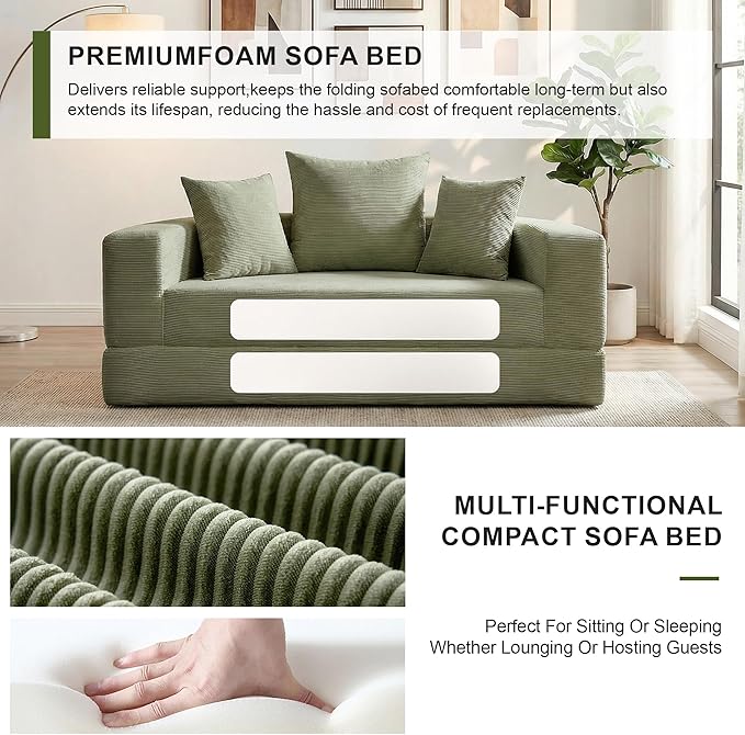 Casaphoria Convertible Folding Sofa Bed - 67 Inch Fold Out Guest Bed with Pillows for Small SpacesApartment Living Room Futon(Green)