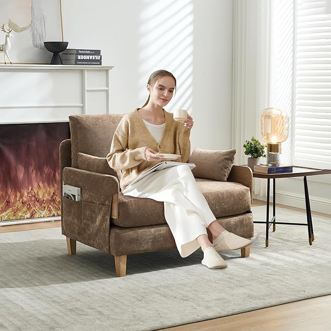 Large 3 in 1 Convertible Futon Sofa Bed Chair 35 W Extra Wide Sleeper Chair Bed with Pull Out Couch Modern Chenille Chaise Lounge Armchair for Living Room Bedroom Playroom Light Brown