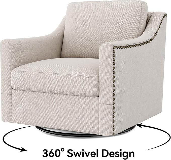 Swivel Accent Chair Modern Comfy Linen Upholstered Barrel Armchair with Nailhead Decor and Metal Base Soft Oversized Round Swivel Chair for Living Room Bedroom Club (1 Beige)