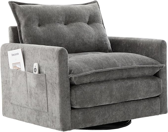 Swivel Accent Chairs for Living Room 36.2 Comfy Swivel Chair with Solid Metal Base Single Sofa with Pillows &amp Side Pockets (Gray)