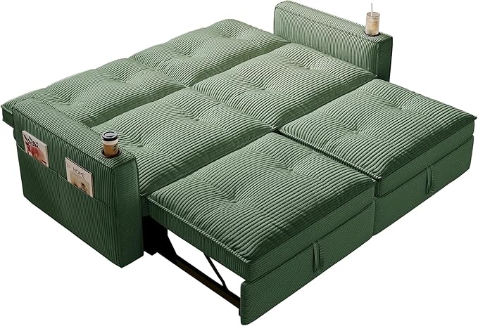 73.2 inch 2-in-1 Convertible Sofa Bed with Cup Holder | Space-Saving Sleeper for Small Apartments Dorms &amp Offices | Guest Ready in Seconds(Green+Corduroy)