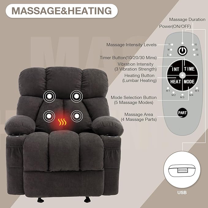 Massage Rocker Recliner Chair with Heat and Vibration Ergonomic Rocking Lounge Chair for Living Room Comfy Overstuffed Recliner with 4 Side Pockets2 Cup Holders USB Charge PortBlack