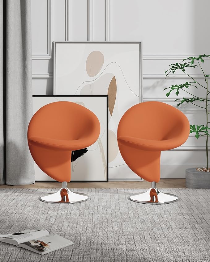 Manhattan Comfort Curl Swivel Accent Chair Set of 1 with 360° Turn Fully Assembled Upholstered in Wool Blend Modern Ergonomic Design with Polished Chrome Base Set of 1 Orange