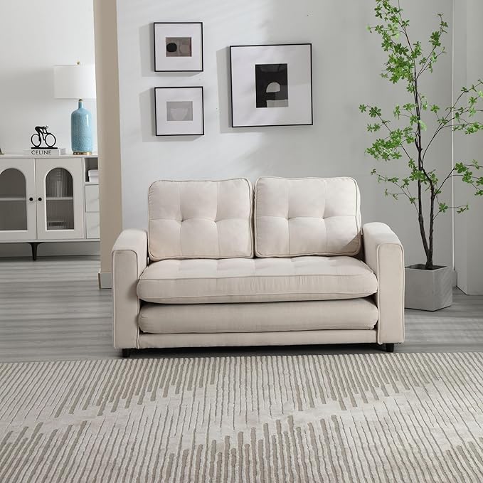 ERYE 55-Inch Loveseat Sofa with Pull Out Sleeper Couch Bed 3-in-1 Convertible Sleeper Sofabed W/Side Storage Pockets Modern 3 Fold Tufted Upholstered Pull Out Sofa Bed for Living Room Bedroom