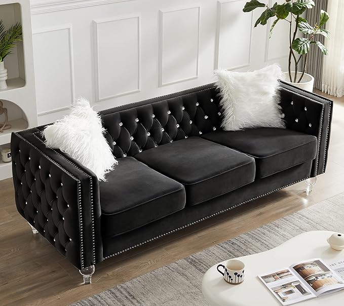 Mikibama Velvet 3 Seater Sofa Couch with Buttons and Square Arms 83.07 Inch Tufted 3-seat Sofas with Trimmed Nailhead and Acrylic Legs Modern Couches for Living RoomBedroom (Black-crystal Legs Sofa)