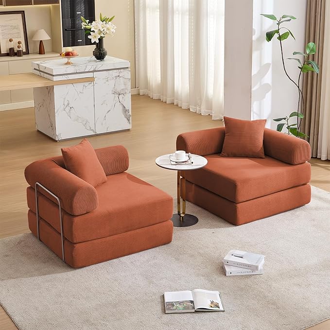 Convertible Modular Couch Sofa Bed 4 in 1 Sleeper Floor Sofa with Folding Mattress Corduroy Fold Out Boneless Couch Bed with 2 Pillows Comfy Foldable Lounge for Living Room Bedroom Orange