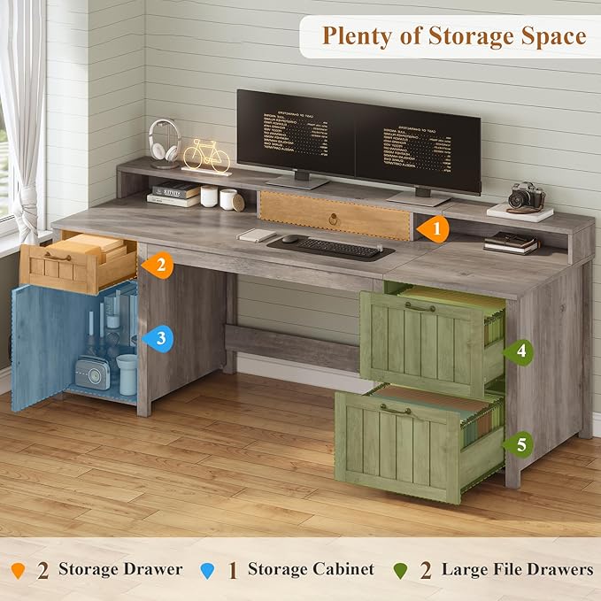 SEDETA Farmhouse 63 Executive Desk Wood Computer Desk with Drawers and Storage Cabinet Home Office Desk with File Drawer and Monitor Stand Wood Desk for Work Study Writing Grey
